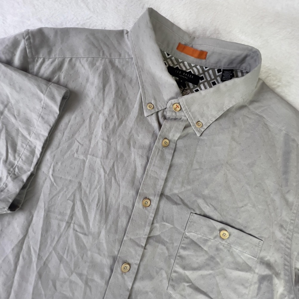 Ted Baker Shirt Mens XXL/6 Stone‎ Gray Short Sleeve Button Down Ultra Soft Dot